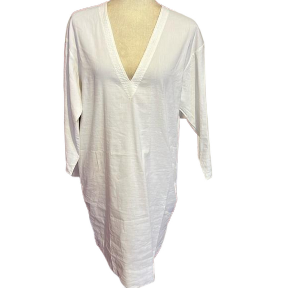Theory Womens 3/4 Sleeve V Neck Mini Shift Dress White Linen Blend Size M